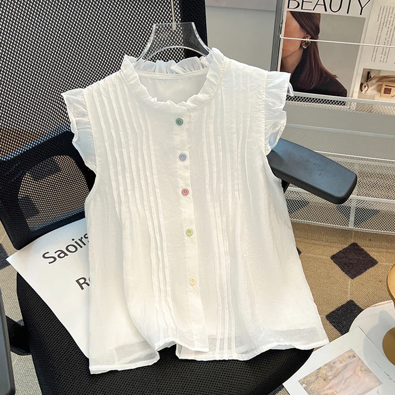 木耳边无袖雪纺衬衫女夏季2025新款温柔风小飞袖娃娃衫衬衣潮上衣