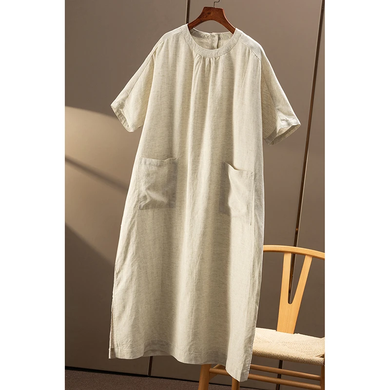 极简舒适 外贸高品质天丝苎麻宽松廓形短袖连衣裙春天家女8W16