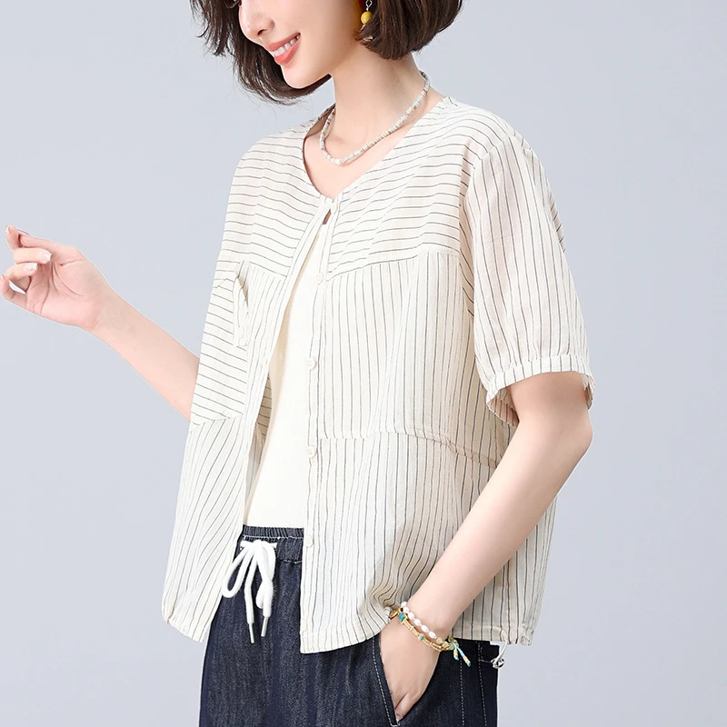 2568短袖条纹衬衫女夏季2025年新款中年妈妈宽松休闲气质圆领上衣