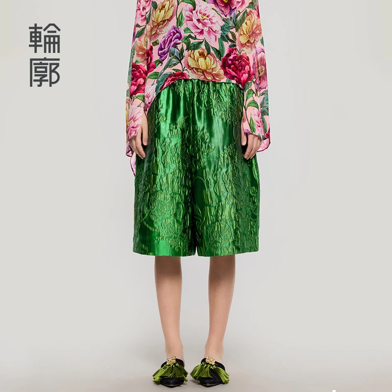 轮廓篱落休闲裤六分提花中式复古宽松直筒百搭阔腿裤子L252K001