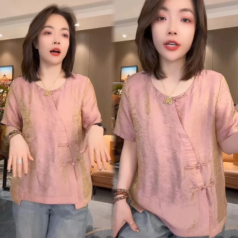 2025夏季新款女士国风时尚减龄圆领盘扣衬衫气质不规则短袖上衣服