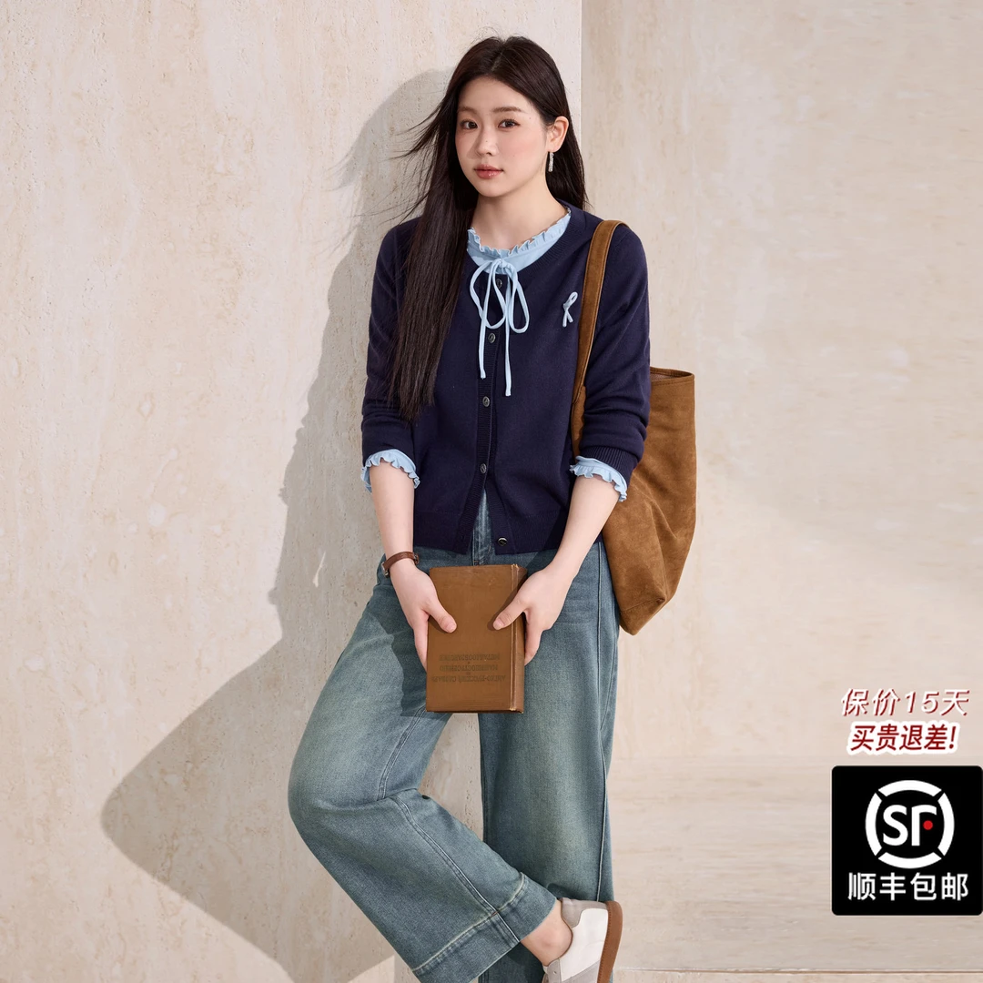 蓝语大码秋季蝴蝶结圆领毛衣女藏青色长袖针织打底衫两件套15660