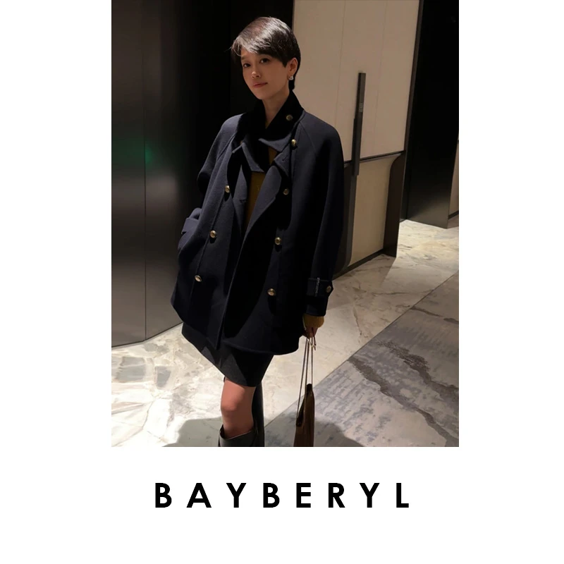 锁-BAYBERYL老贝卡班*BC钉珠立领藏青插肩秋冬毛呢大衣MF5I0306