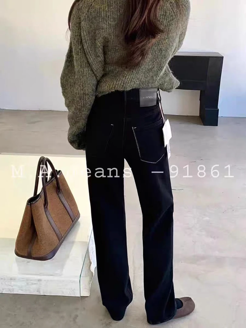 韩系MA牛仔裤女剪标微瑕加绒磨毛黑色四面弹窄版直筒阔腿裤91861