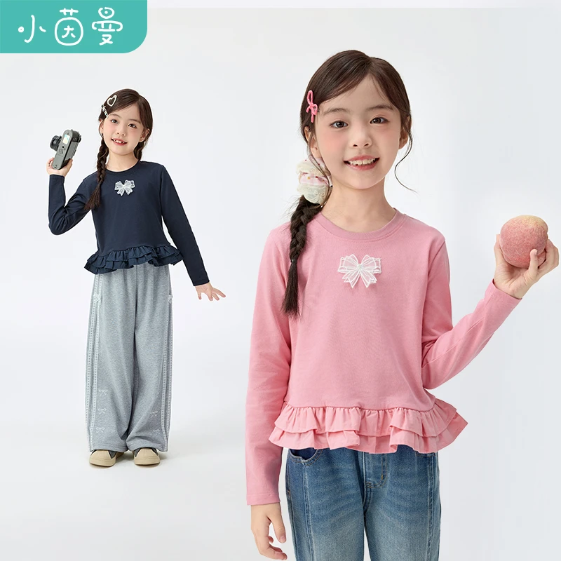小茵曼女童纯棉长袖t恤拼接花边25秋季中大童甜美打底衣GO3853176