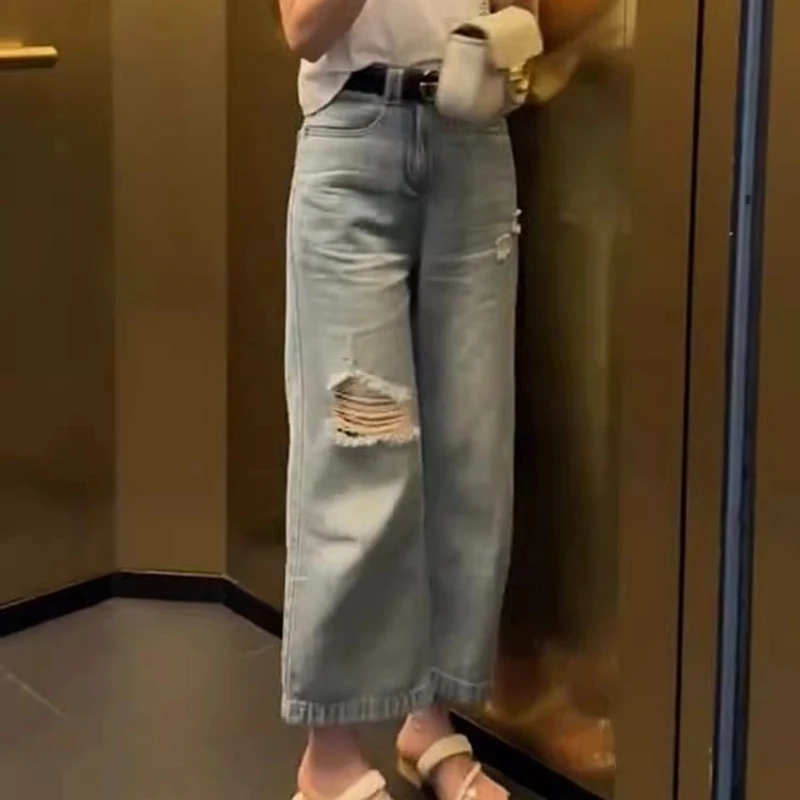 时尚复古破洞八分直筒牛仔裤女士春夏宽松显瘦阔腿裤子2025年新款