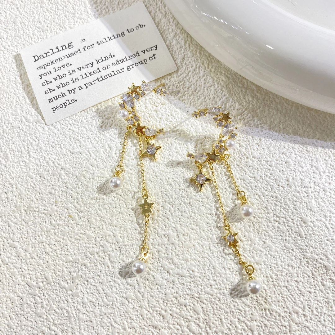 铜合金仿珍珠耳饰 闪钻星星珍珠吊坠流苏耳饰 1675