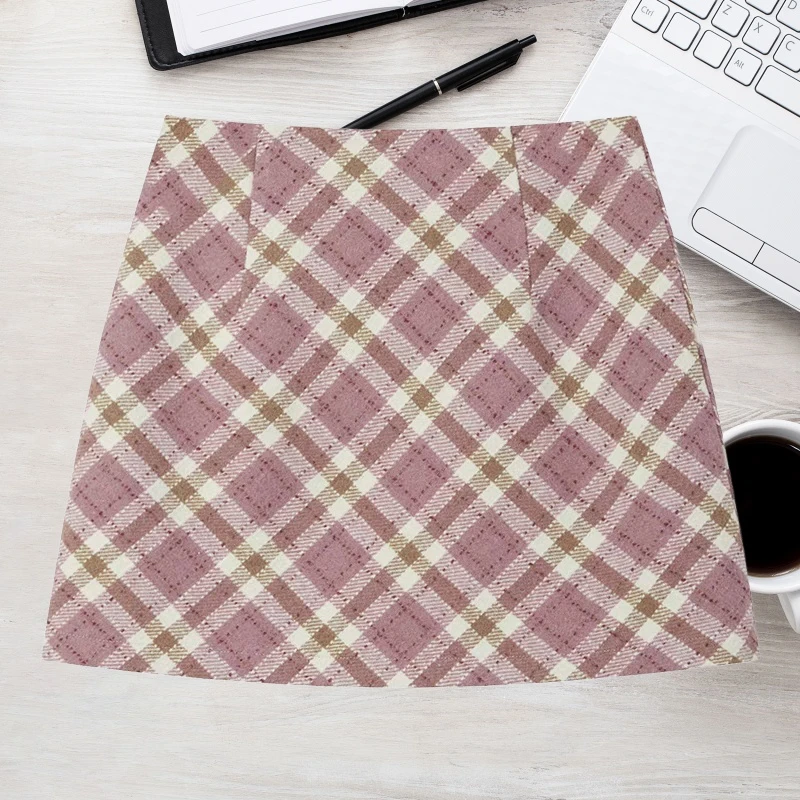韩系高腰格子毛呢半身裙女秋冬季新款包臀裙复古百搭短裙A字裙子
