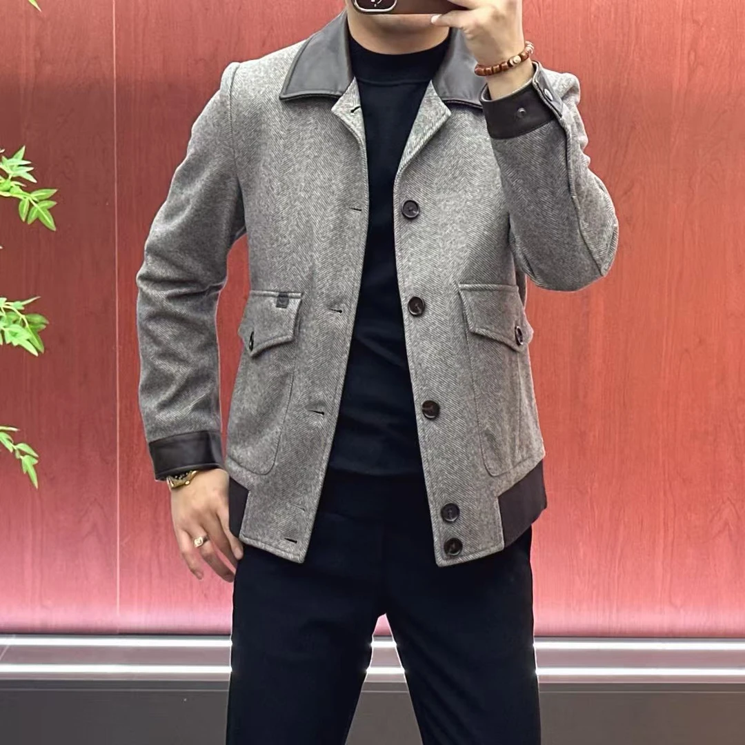 25886｜推荐款｜男士欧货秋季拼皮款毛呢夹克外套酷