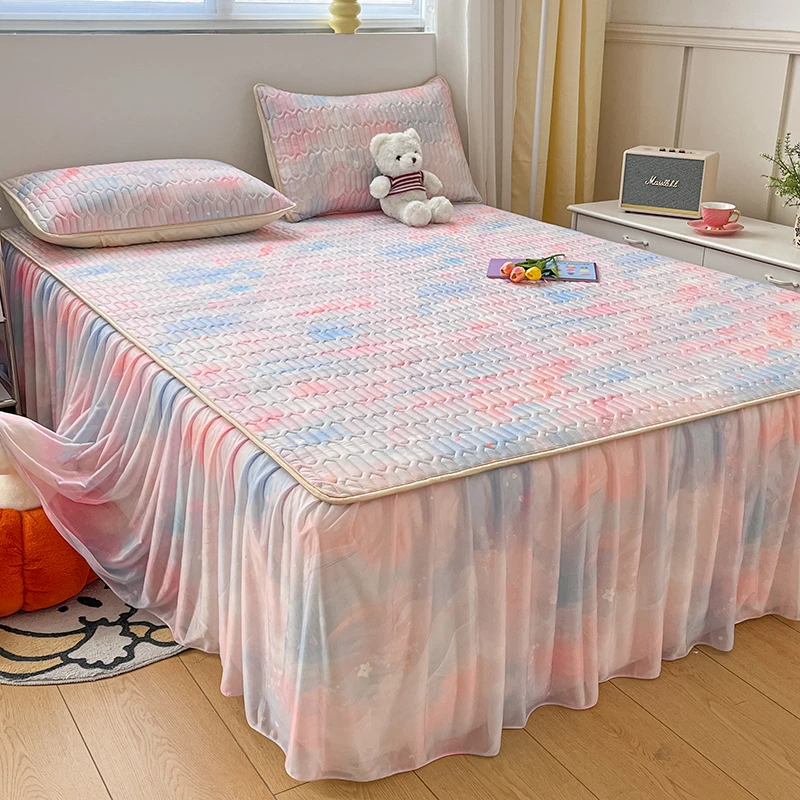 乳胶冰丝凉席三件套夏季清凉折叠软席可水洗防滑单人两件套床裙款