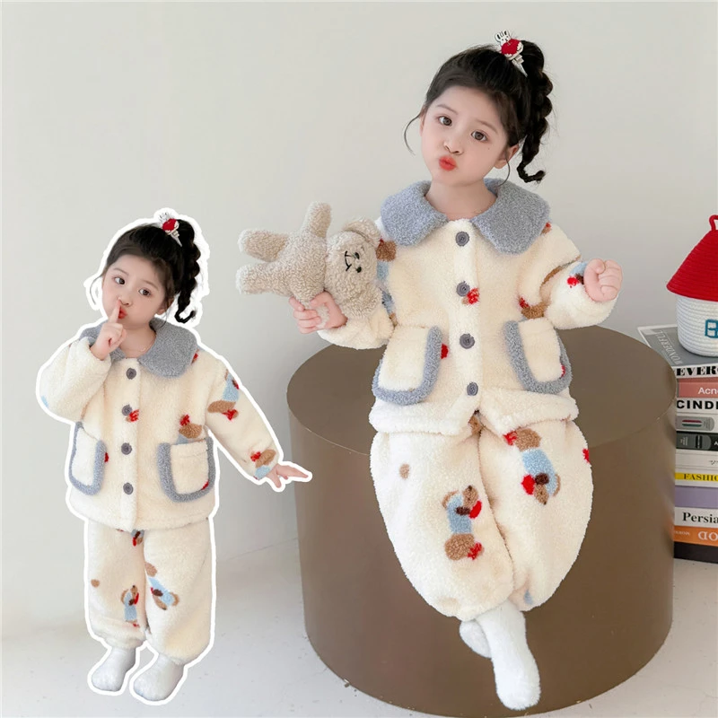 女童法兰绒睡衣秋冬2025新款儿童珊瑚绒家居服女宝宝开衫加绒套装