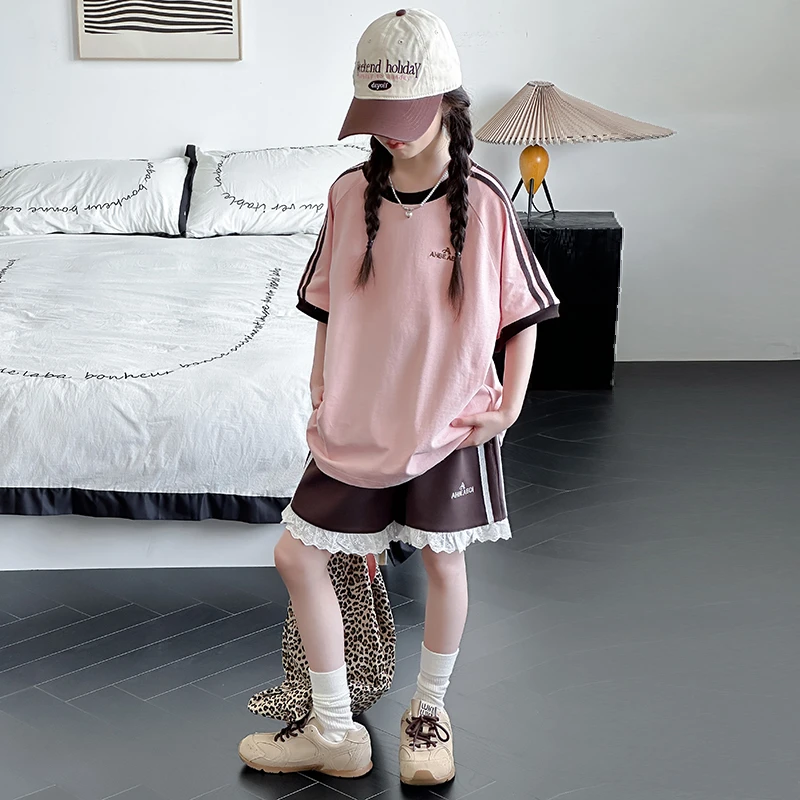 女童夏季套装2025新款6-12-15岁中大童洋气韩版T恤休闲短裤两件套