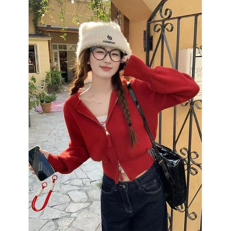 红色开衫毛衣女2025新款高级感洋气双拉链连帽针织衫气质春秋上衣