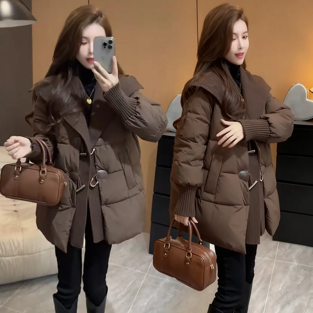 高级感宽松时尚加厚棉衣冬季新款牛角扣拼接纯色中长款棉服外套女