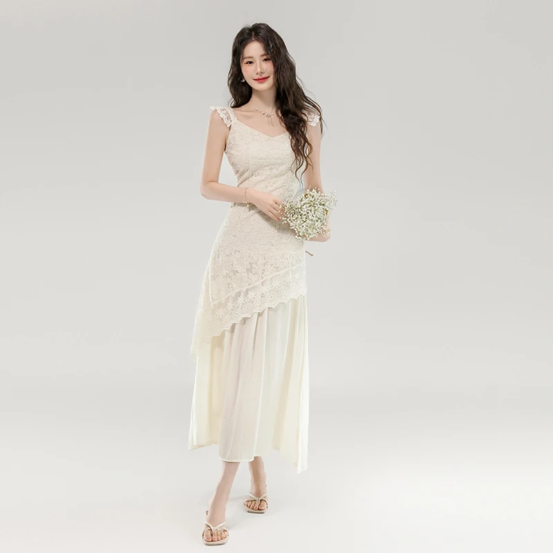 法式不规则漂亮独特蕾丝连衣裙女少女穿搭气质长裙