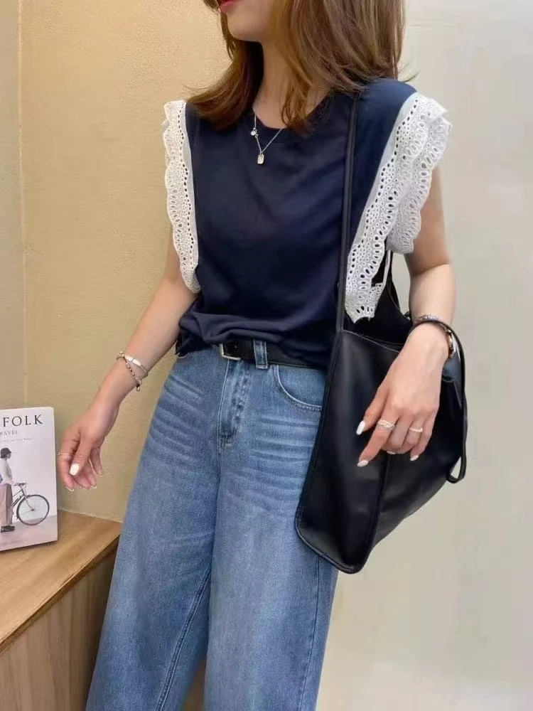 设计款蕾丝拼接飞袖T恤6789