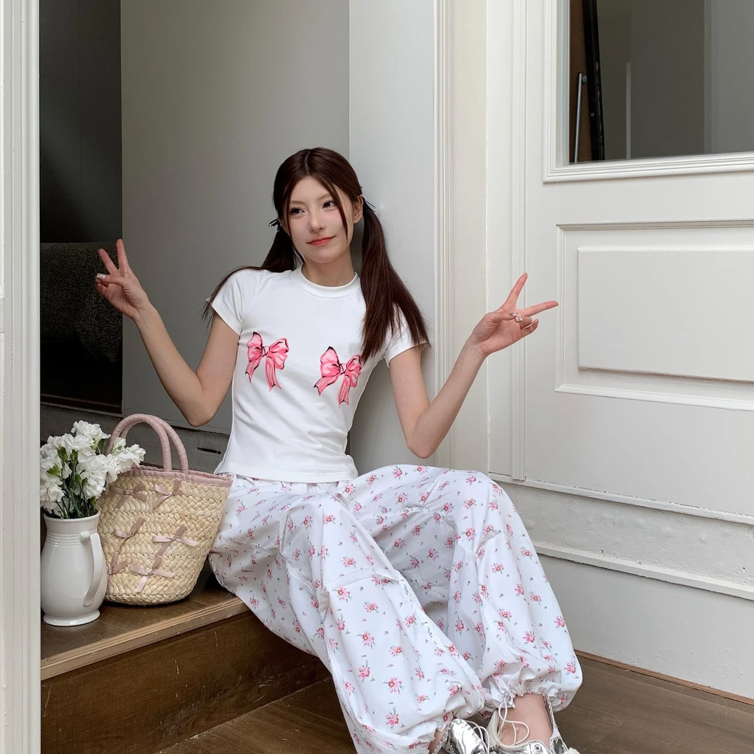 双蝴蝶结弹力棉质印花T恤休闲性感夏季春夏薄款-K24302