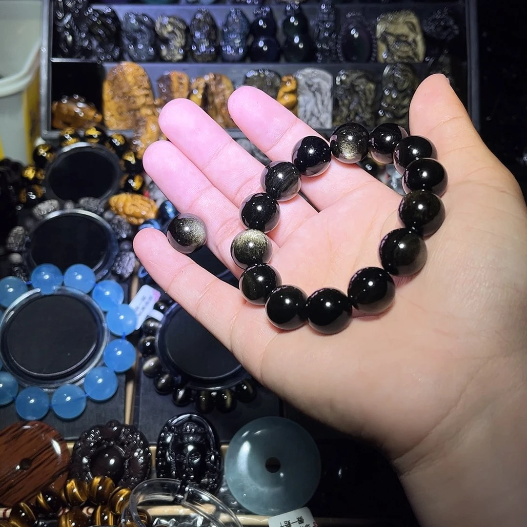 黑曜岩未镶嵌手链付*影7a级天然金曜石16m加一颗散珠子