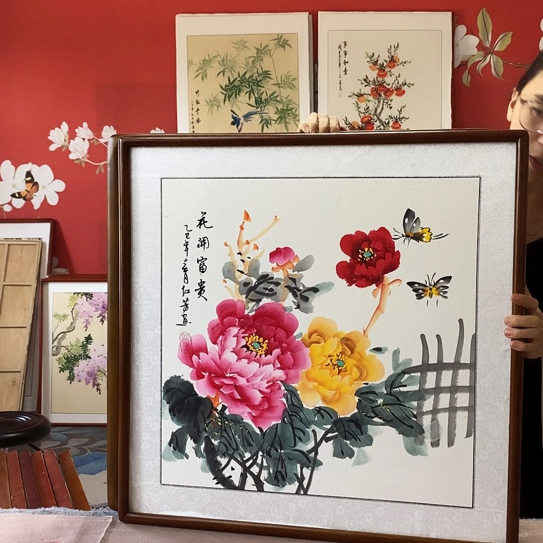 国画手写手绘带框包邮国画作品62✖️62