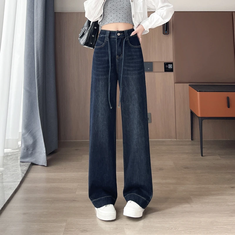 深蓝色秋季女款高腰长裤宽松阔腿裤牛仔裤百搭复古垂感欧美风2881