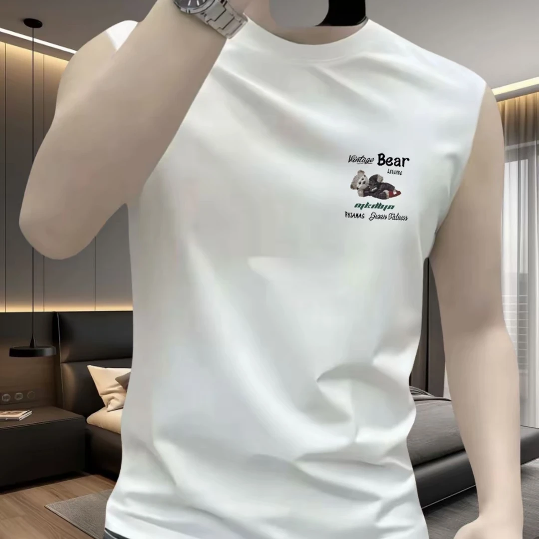 2025潮牌个性小熊印花纯棉无袖男士夏季无袖背心男款爆款2025新款