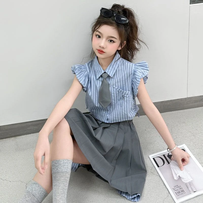 女童夏季条纹套装2025新款洋气中大童学院风POLO衬衫半身裙两件套