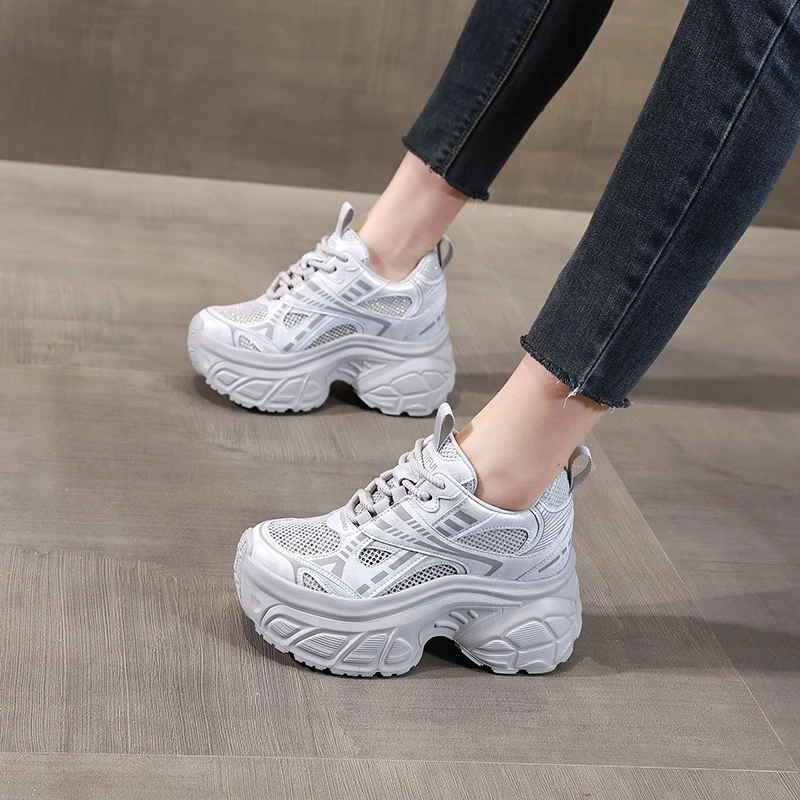 HC1A01-1小个子厚底内增高网面透气老爹鞋女2025夏季运动休闲鞋子