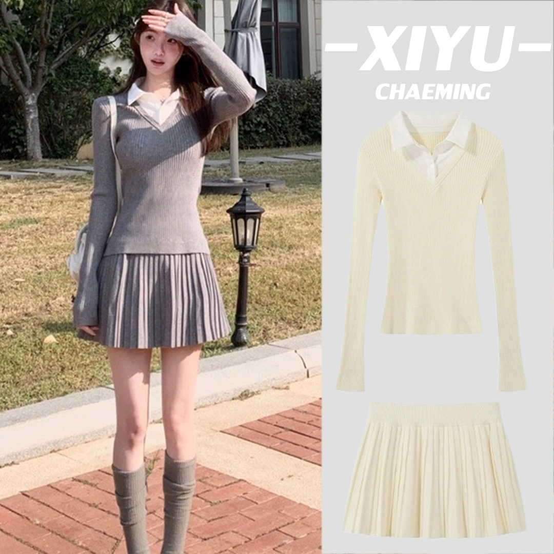 学院风假两件针织衫a字半身裙女秋冬韩系针织套装两件套修身显瘦