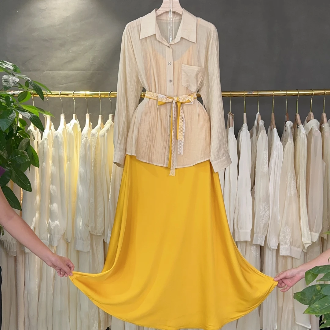 K2218气质夏季长袖+吊带连衣裙套装显瘦