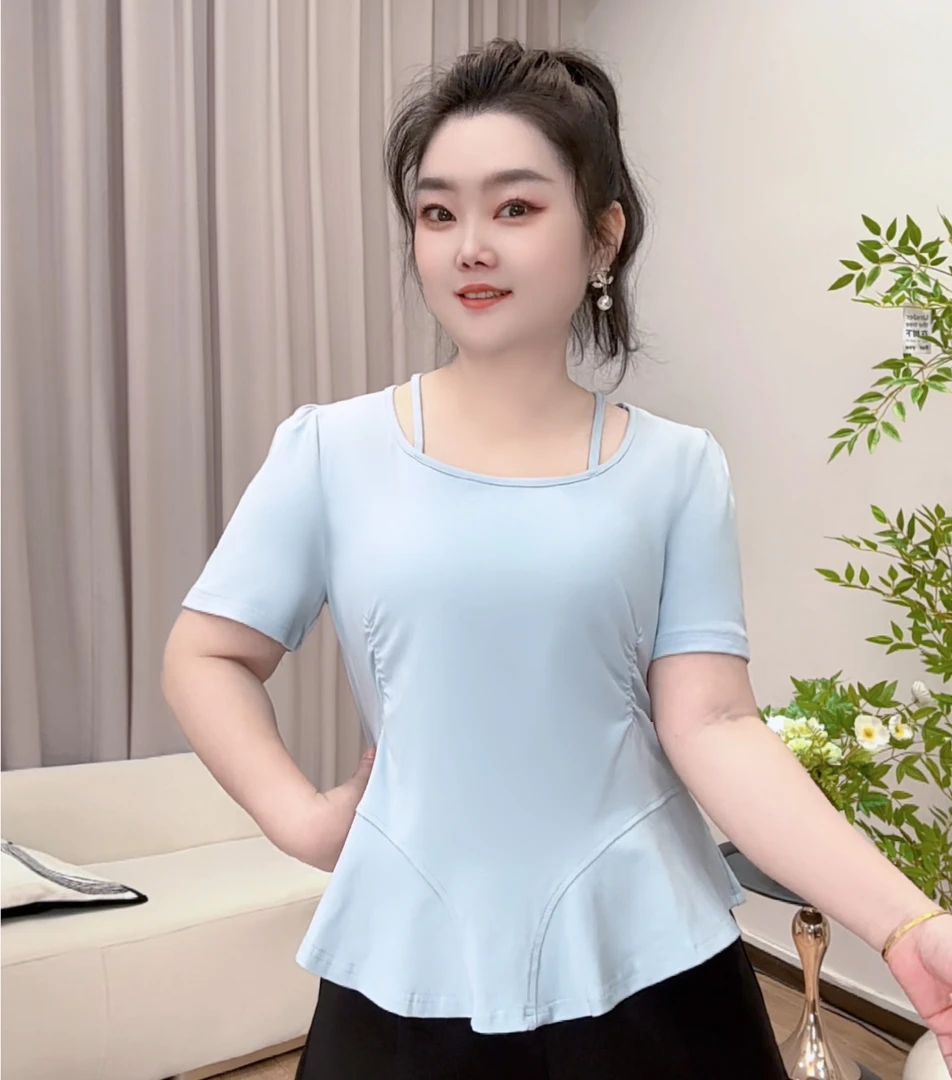 大码微胖休闲挂脖短袖T恤女装夏季时尚收腰体恤胖MM遮肉显瘦上衣