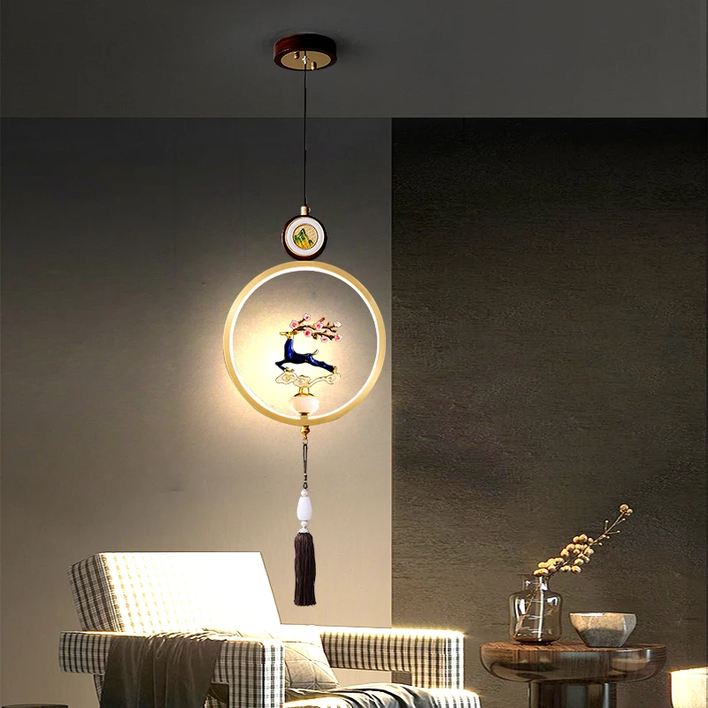 楼梯吊灯全铜实木新中式loft公寓别墅复式楼梯间旋转福鹿送福款灯