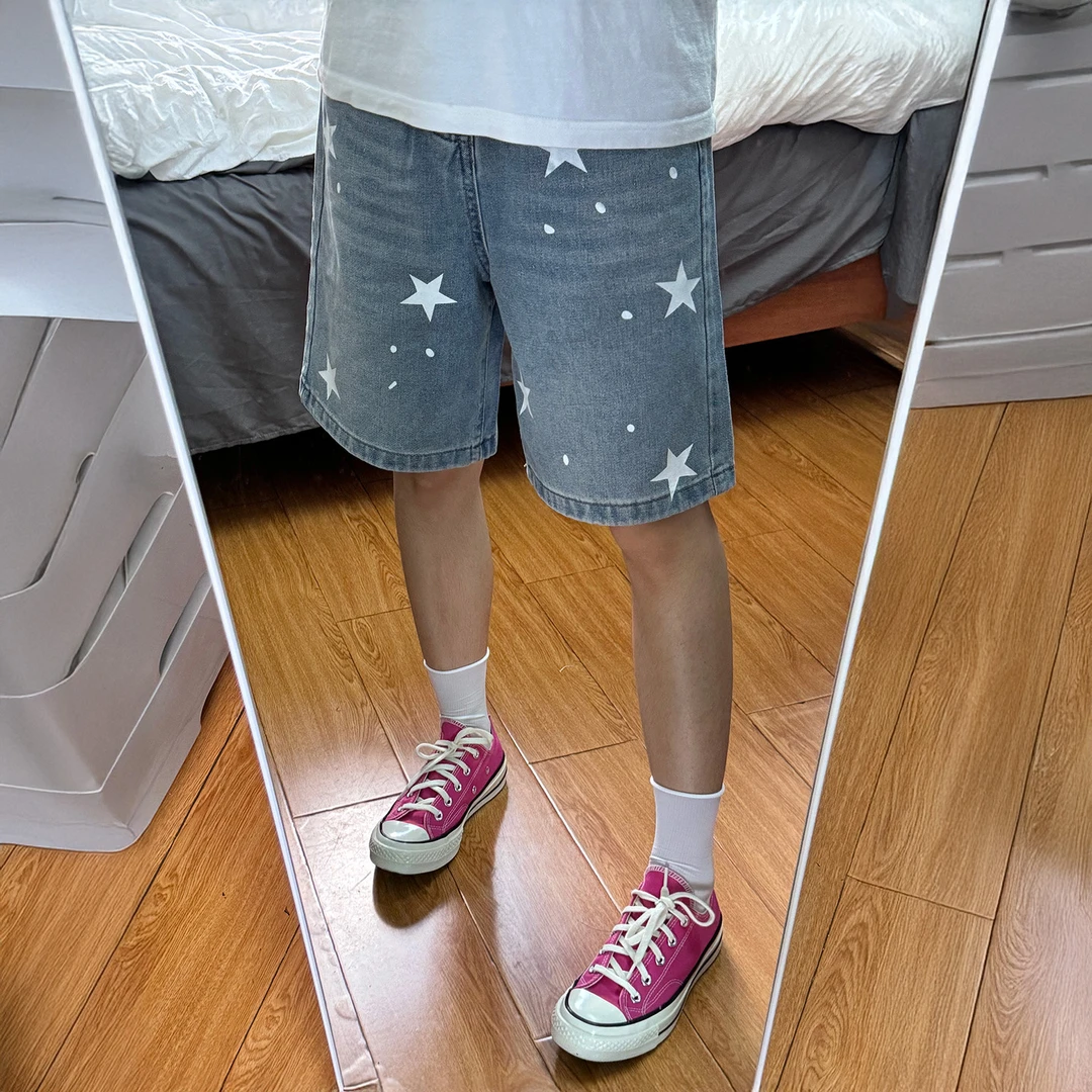 蓝色星星阔腿五分牛仔裤女夏季新款胖妹妹mm高腰宽松显瘦直筒裤子