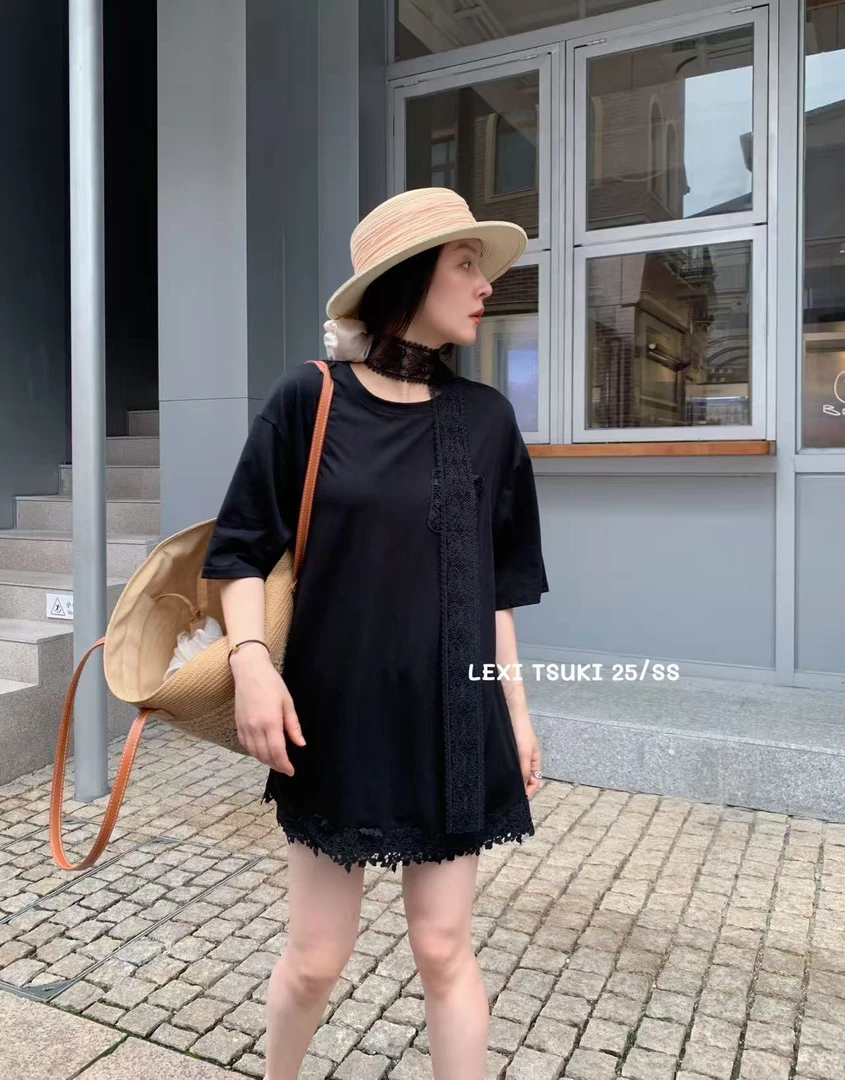 LEXI 福秒（9LX8037#）蕾丝飘带 蕾丝拼接宽松中袖T恤 9-626