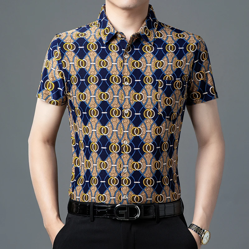 短袖花衬衫男冰丝中年男士翻领夏季免烫抗皱高弹力半袖高档衬衣男