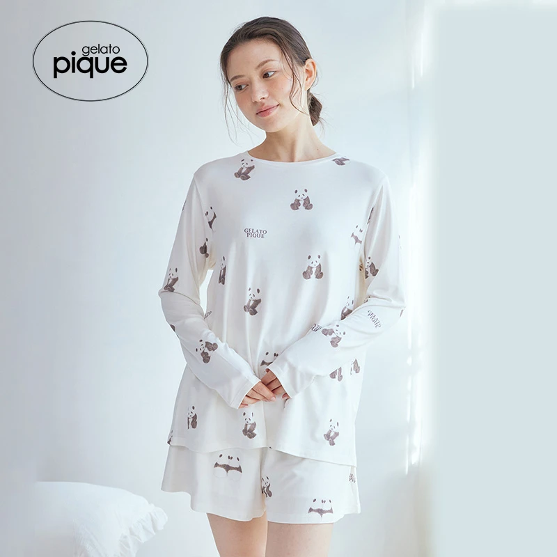 gelato pique25春夏新品女睡衣熊猫满印长袖套头衫T恤PWCT251225