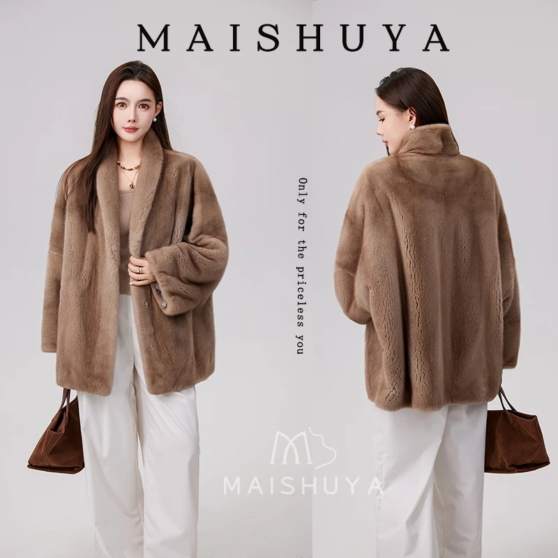 麦舒雅帕斯条青果领蝙蝠袖海宁皮草进口水貂100%真貂貂皮大衣