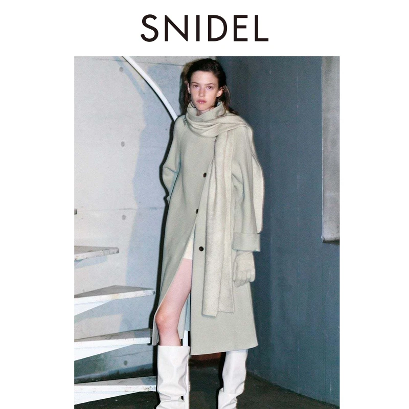 SNIDEL2025秋冬新品简约翻领双面呢羊毛大衣中长款外套SWFC255022