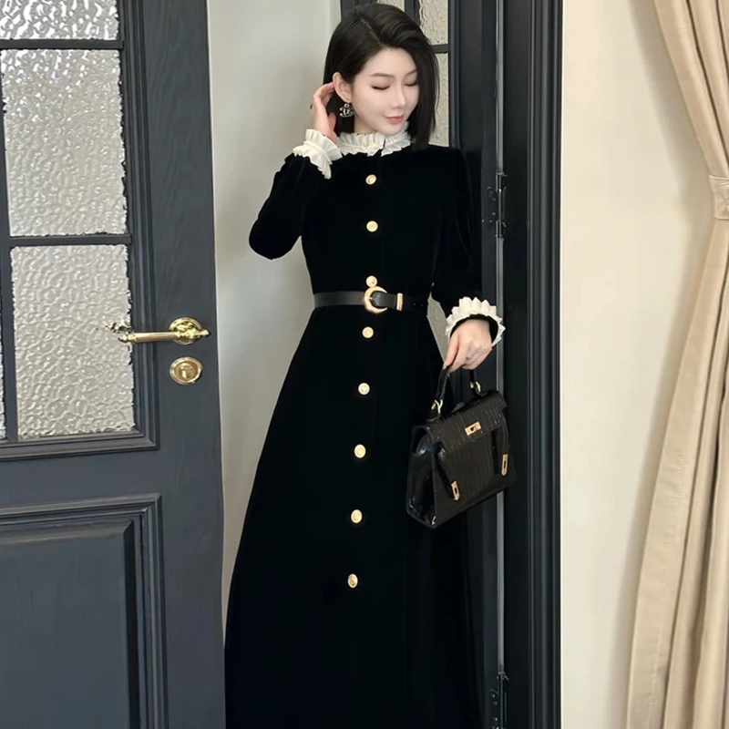 优雅花边高腰显瘦伞摆连衣裙法式时尚气质赫本风黑色长裙女D0129
