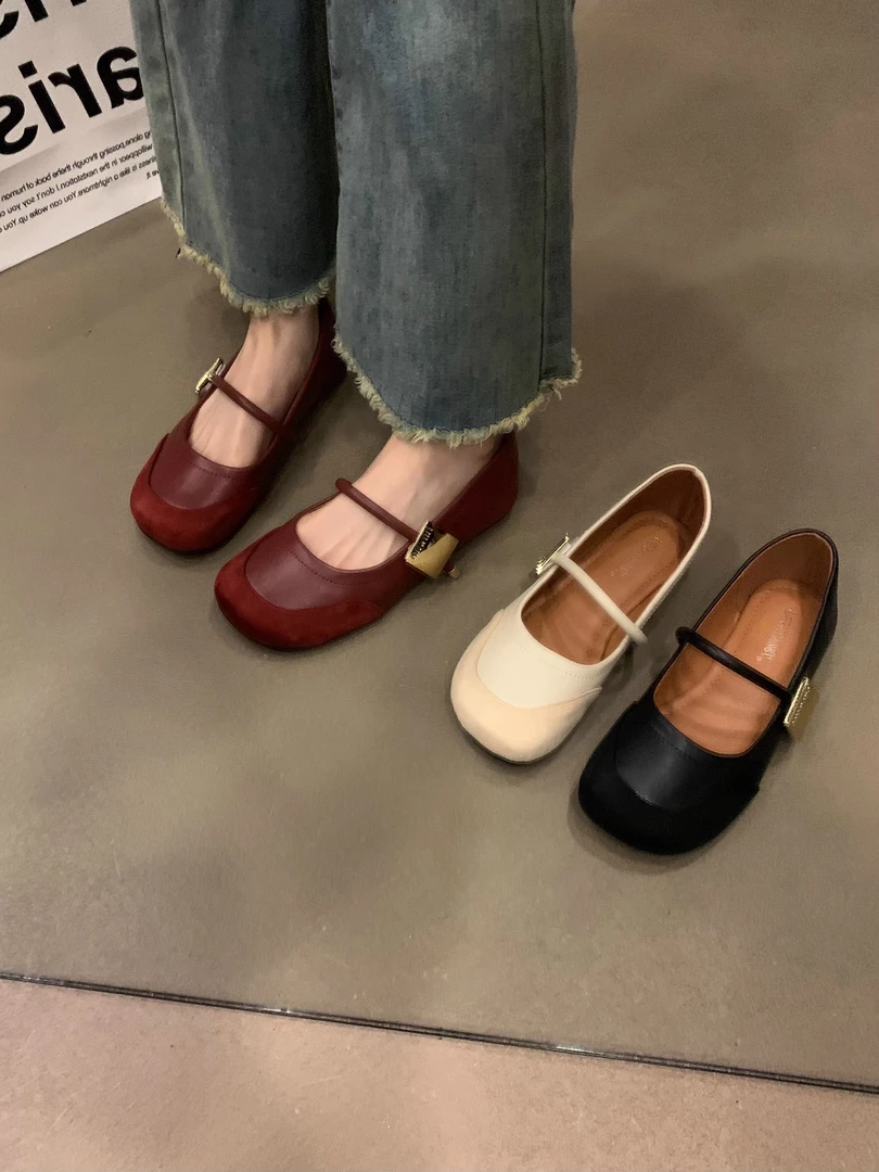 复古玛丽珍小皮鞋女2025秋季新款一字带平底单鞋晚晚风浅口豆豆鞋