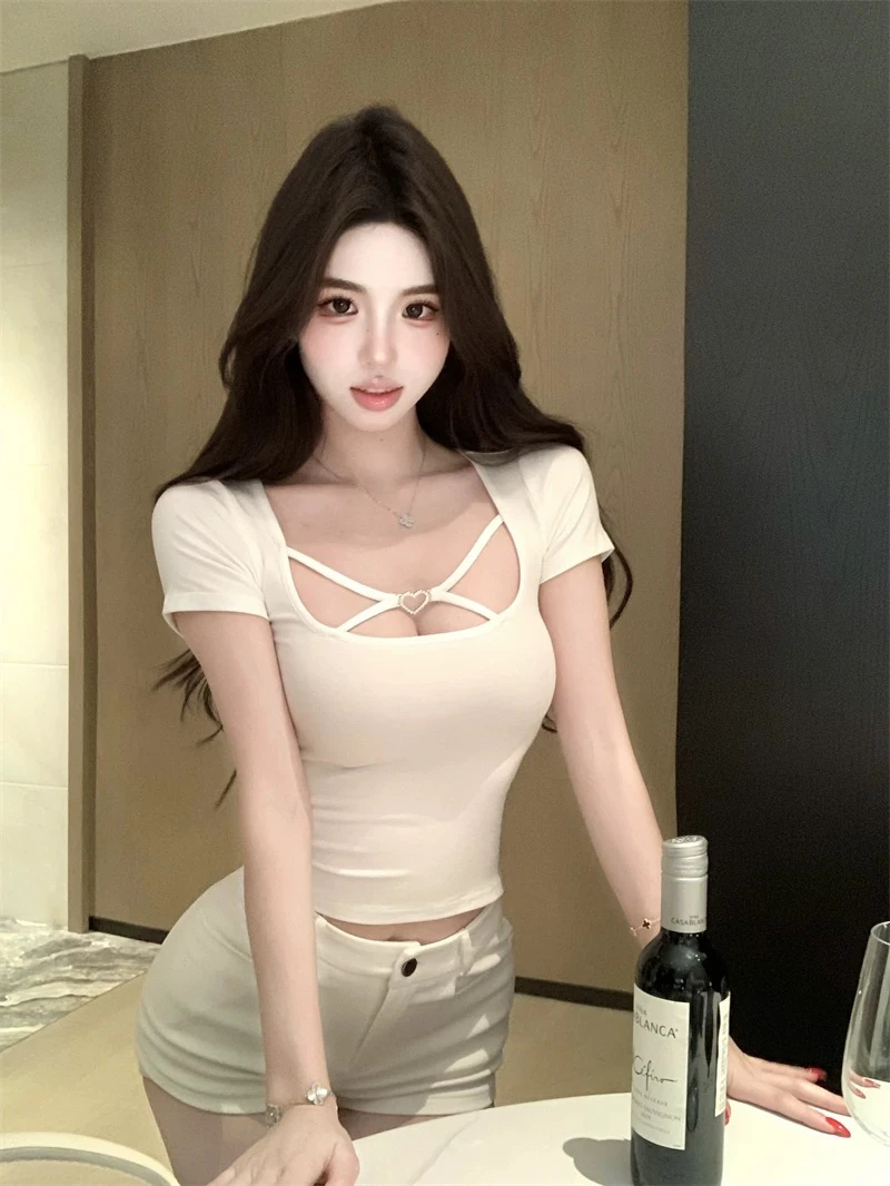 依依家大码女装3100纯欲天花板夏季打底衫半袖绑带性感修身上衣