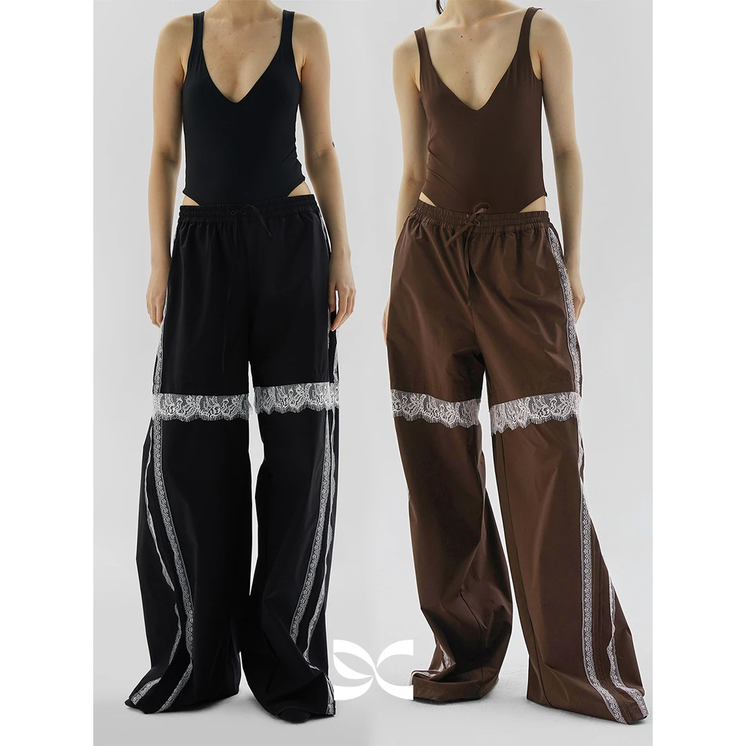 防水防污蕾丝花边拼接宽松阔腿长裤