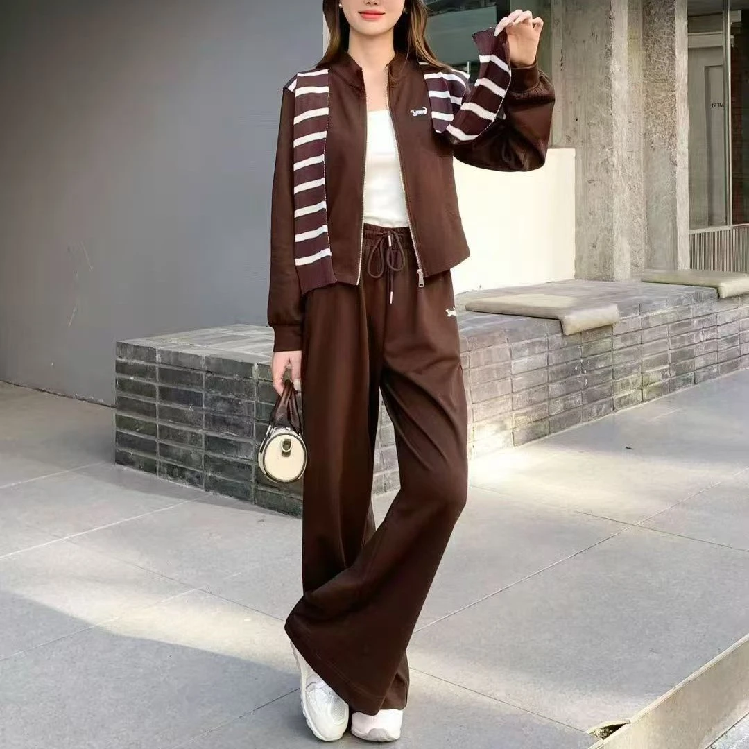 66056运动风条纹阔腿裤卫衣套装女士早秋新款