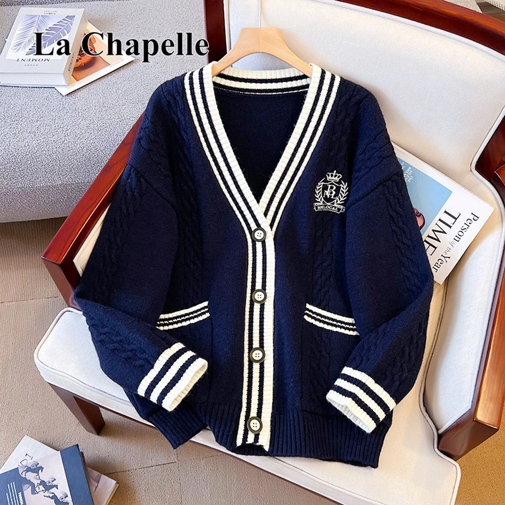 拉夏贝尔学院风毛衣外套女开衫2025秋冬新款慵懒风中长款针织上衣