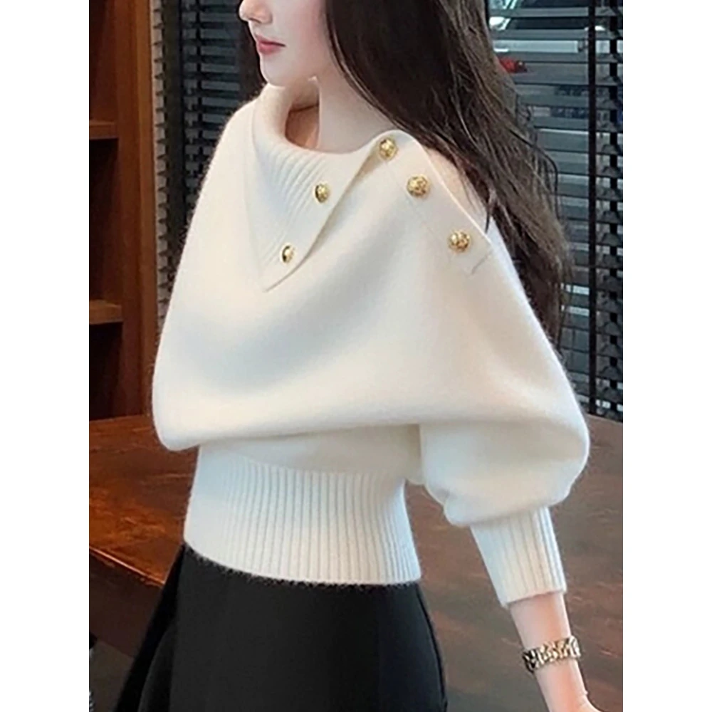 白色翻领针织衫女士秋冬慵懒高级感减龄收腰显瘦洋气内搭毛衣上衣