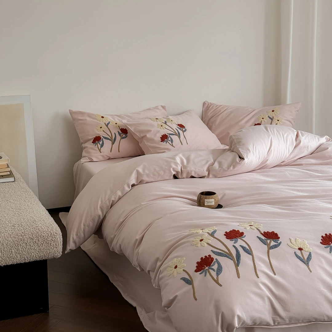 塞纳花予丨全棉磨毛贡缎长绒棉毛巾绣亲肤柔软丝滑裸睡四件套