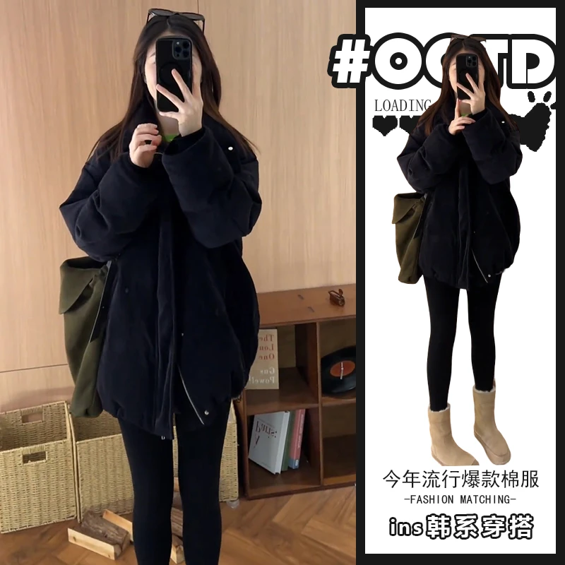 韩里韩气穿搭宽松休闲保暖棉服外套女冬季新款加厚简约纯色棉衣潮