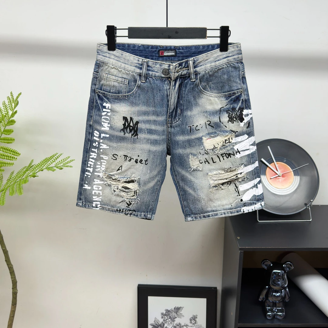 男士夏季新款牛仔短裤韩版修身小脚无弹破洞泼墨印花显瘦五分裤子