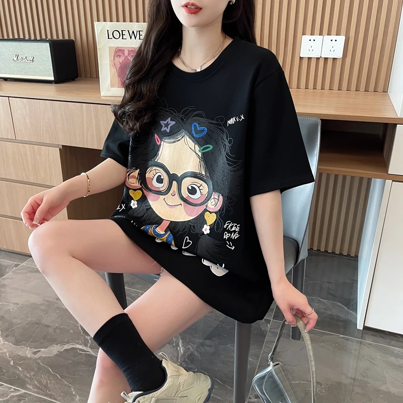 大码纯棉短袖T恤女夏季韩版时尚百搭洋气休闲设计感卡通半袖上衣