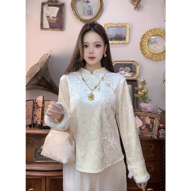 【792】秋冬加绒款新中式国风丝绒上衣女减龄显瘦长袖毛边打底内搭