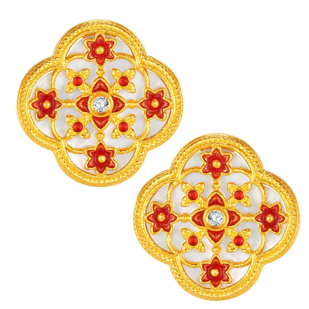 【流光海棠花耳钉】足金 点钻 时尚 流光溢彩